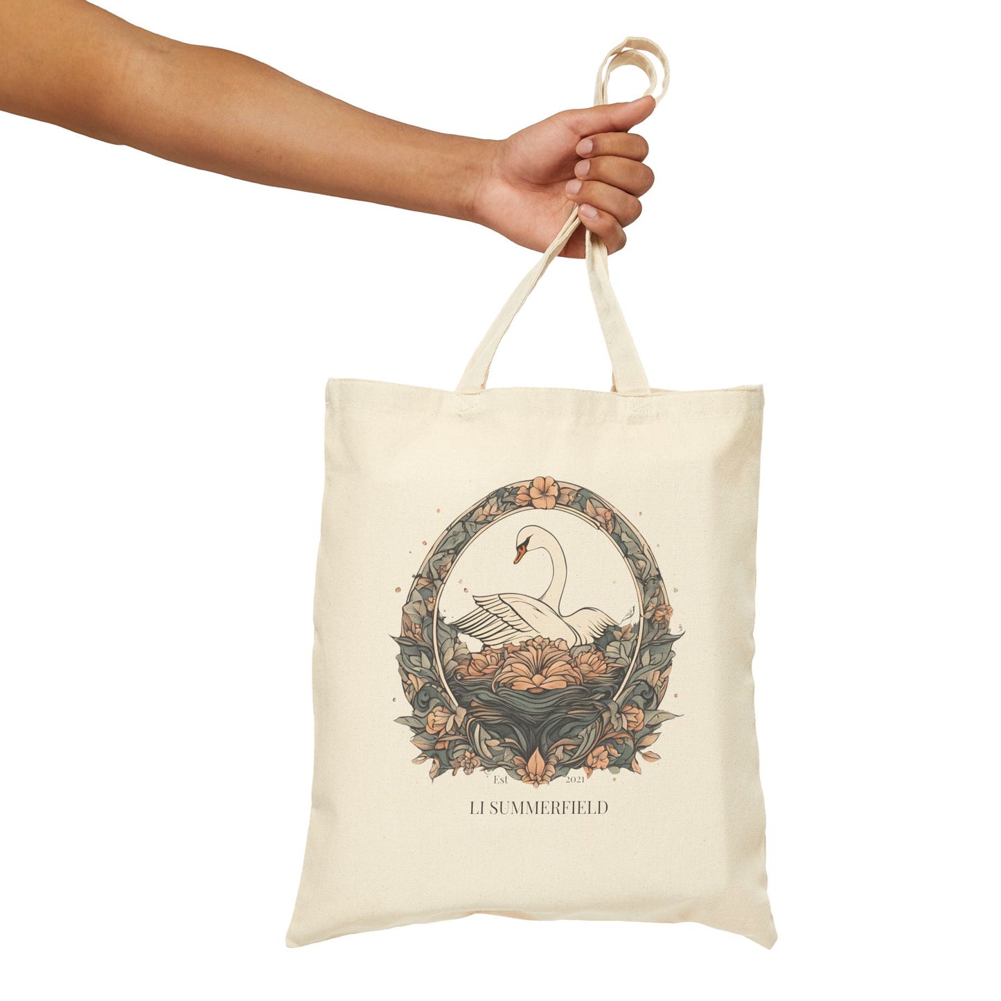 Elegant Swan Floral Cotton Canvas Tote Bag, Eco-Friendly Shopping Bag, Beach Bag, Gift for Her, Reusable Tote