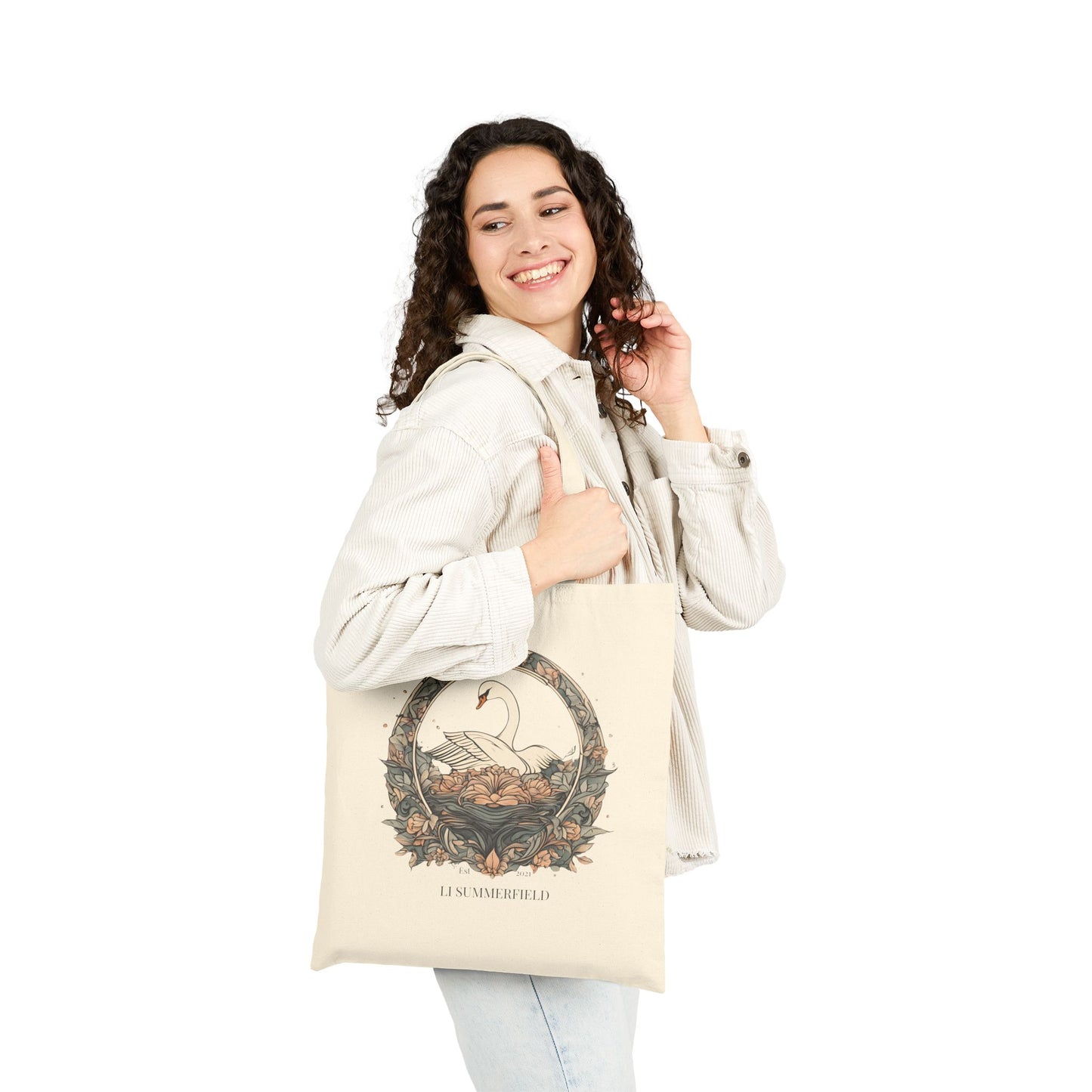 Elegant Swan Floral Cotton Canvas Tote Bag, Eco-Friendly Shopping Bag, Beach Bag, Gift for Her, Reusable Tote