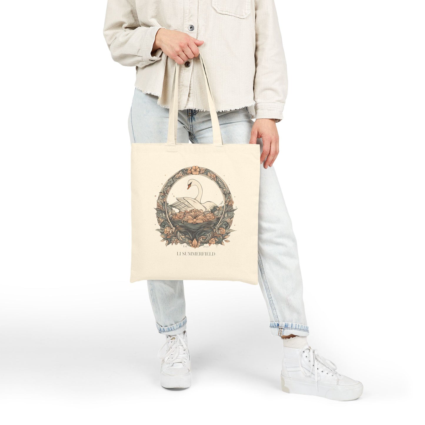 Elegant Swan Floral Cotton Canvas Tote Bag, Eco-Friendly Shopping Bag, Beach Bag, Gift for Her, Reusable Tote