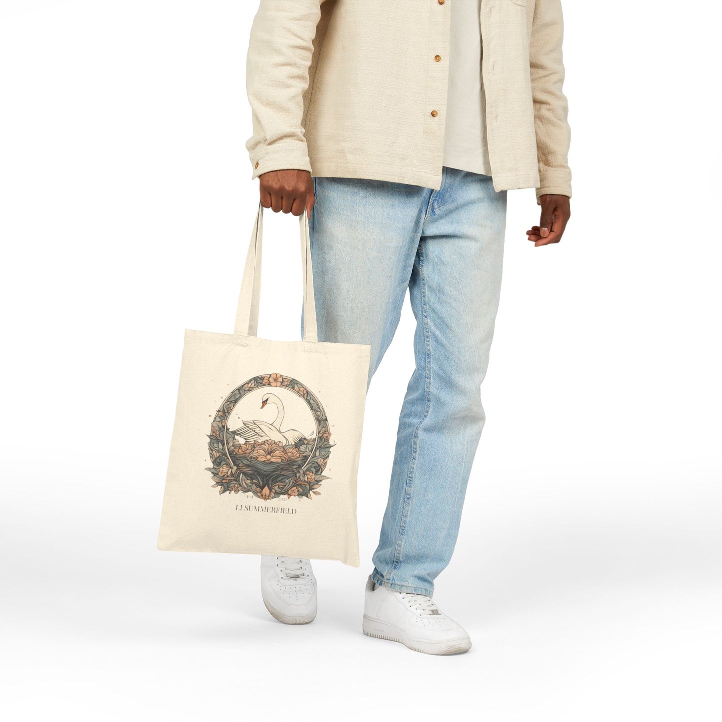 Elegant Swan Floral Cotton Canvas Tote Bag, Eco-Friendly Shopping Bag, Beach Bag, Gift for Her, Reusable Tote