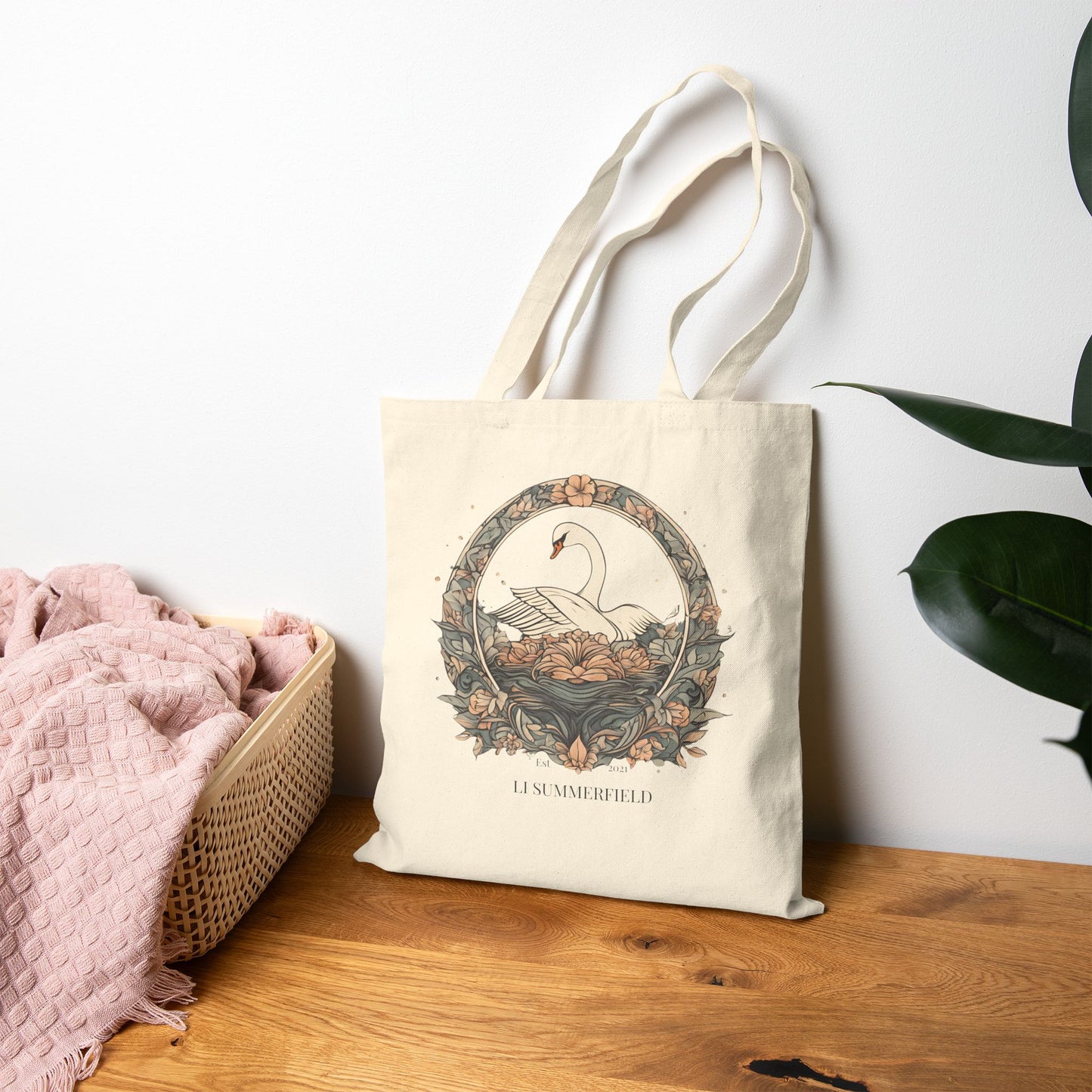 Elegant Swan Floral Cotton Canvas Tote Bag, Eco-Friendly Shopping Bag, Beach Bag, Gift for Her, Reusable Tote